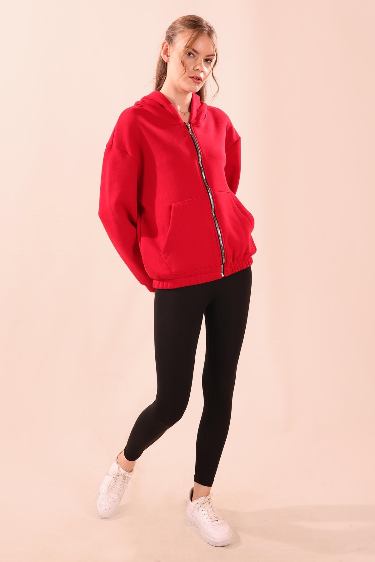 Kırmızı Oversize Fermuarlı Sweat 8125M