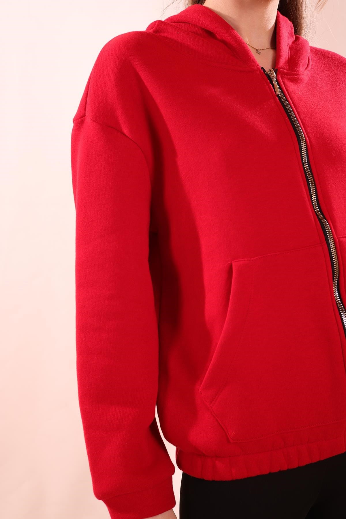 Kırmızı Oversize Fermuarlı Sweat 8125M