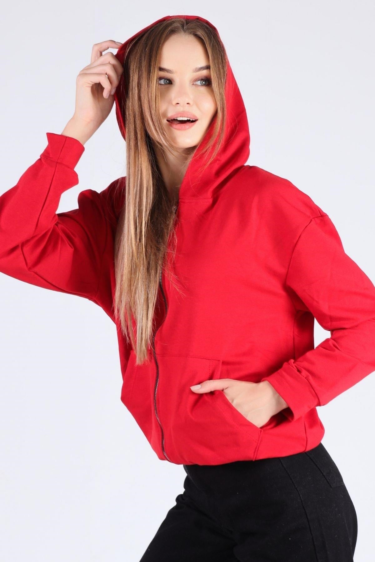 Kırmızı Oversize Fermuarlı Sweat 8126M