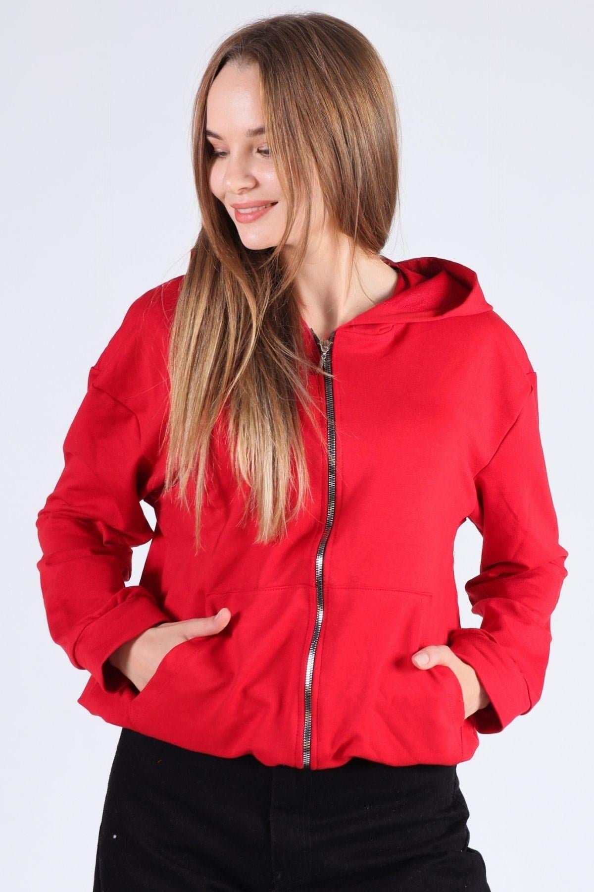 Kırmızı Oversize Fermuarlı Sweat 8126M