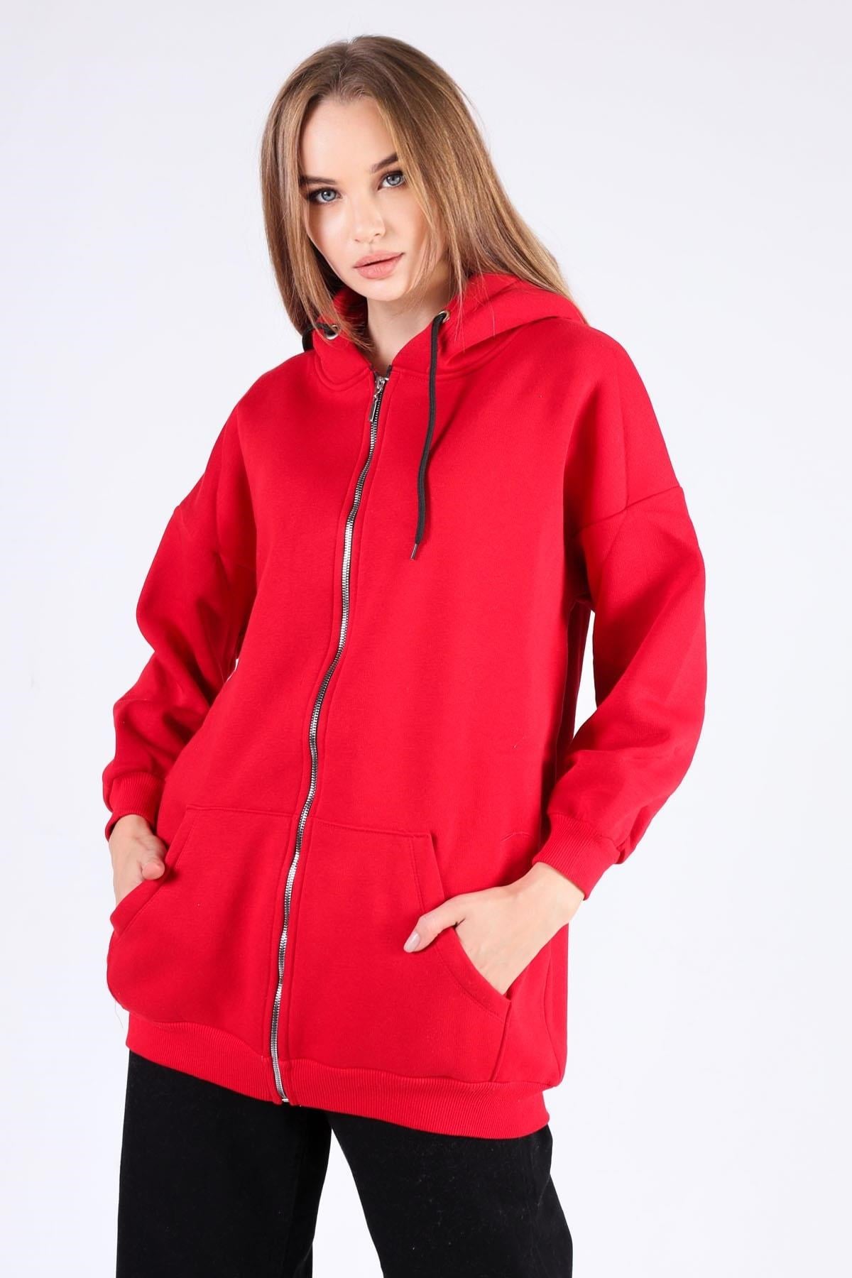Kırmızı Oversize Uzun Fermuarlı Sweat 8124M