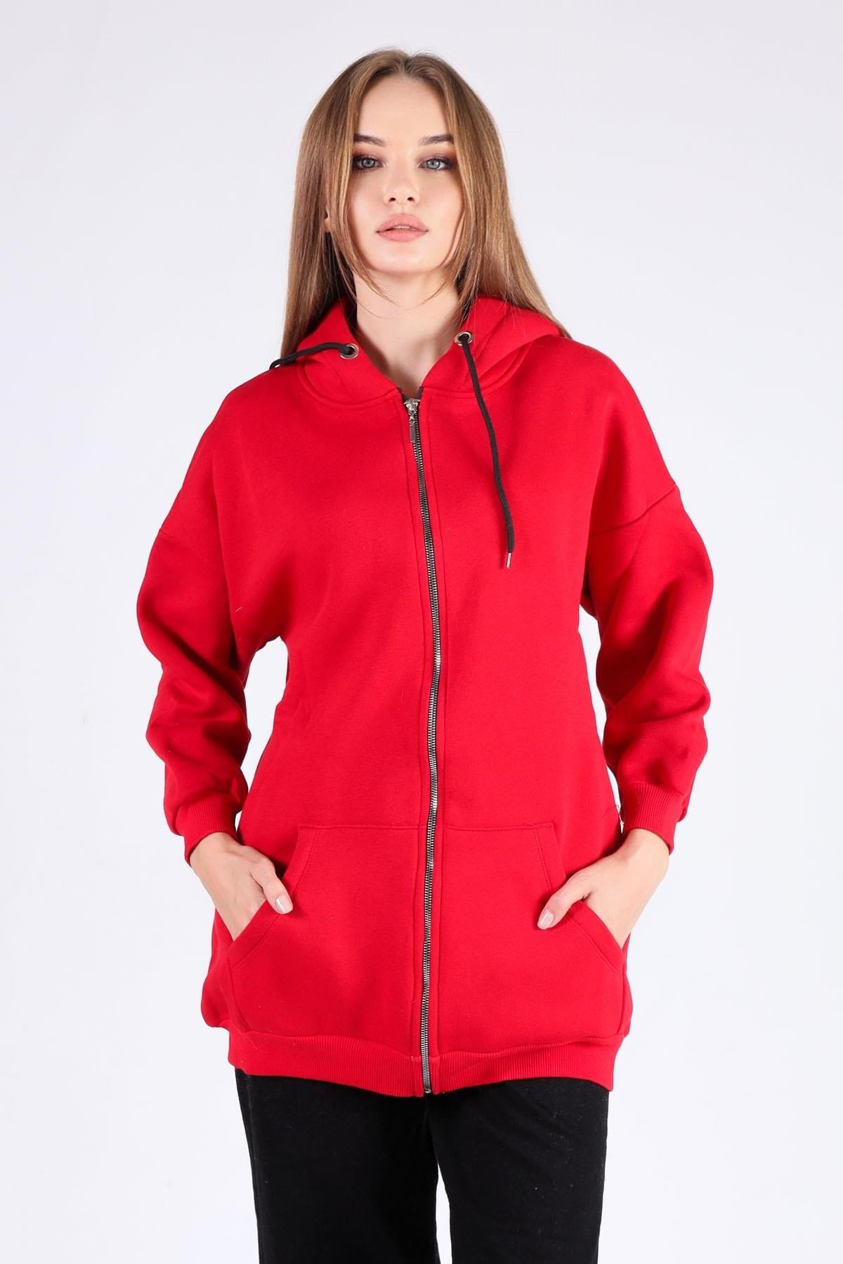 Kırmızı Oversize Uzun Fermuarlı Sweat 8124M