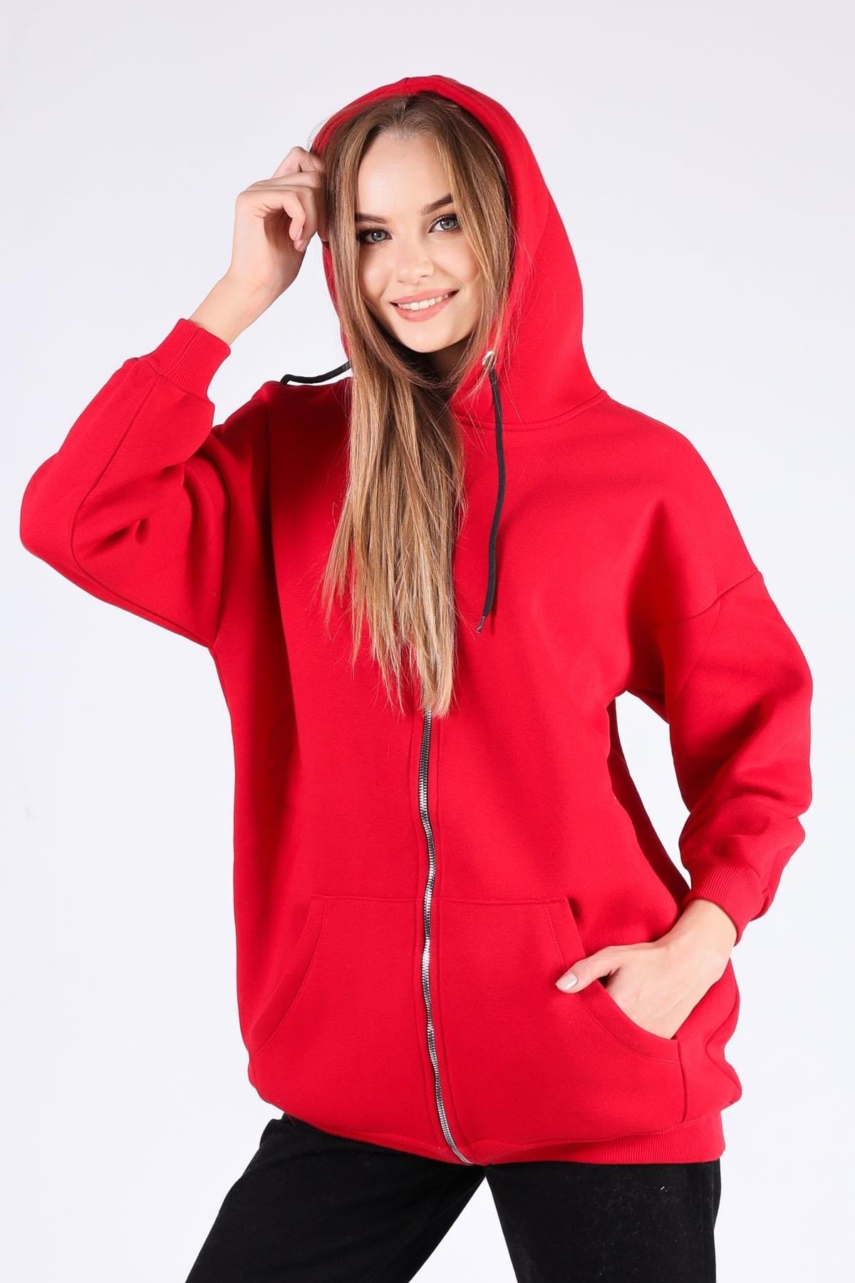 Kırmızı Oversize Uzun Fermuarlı Sweat 8124M