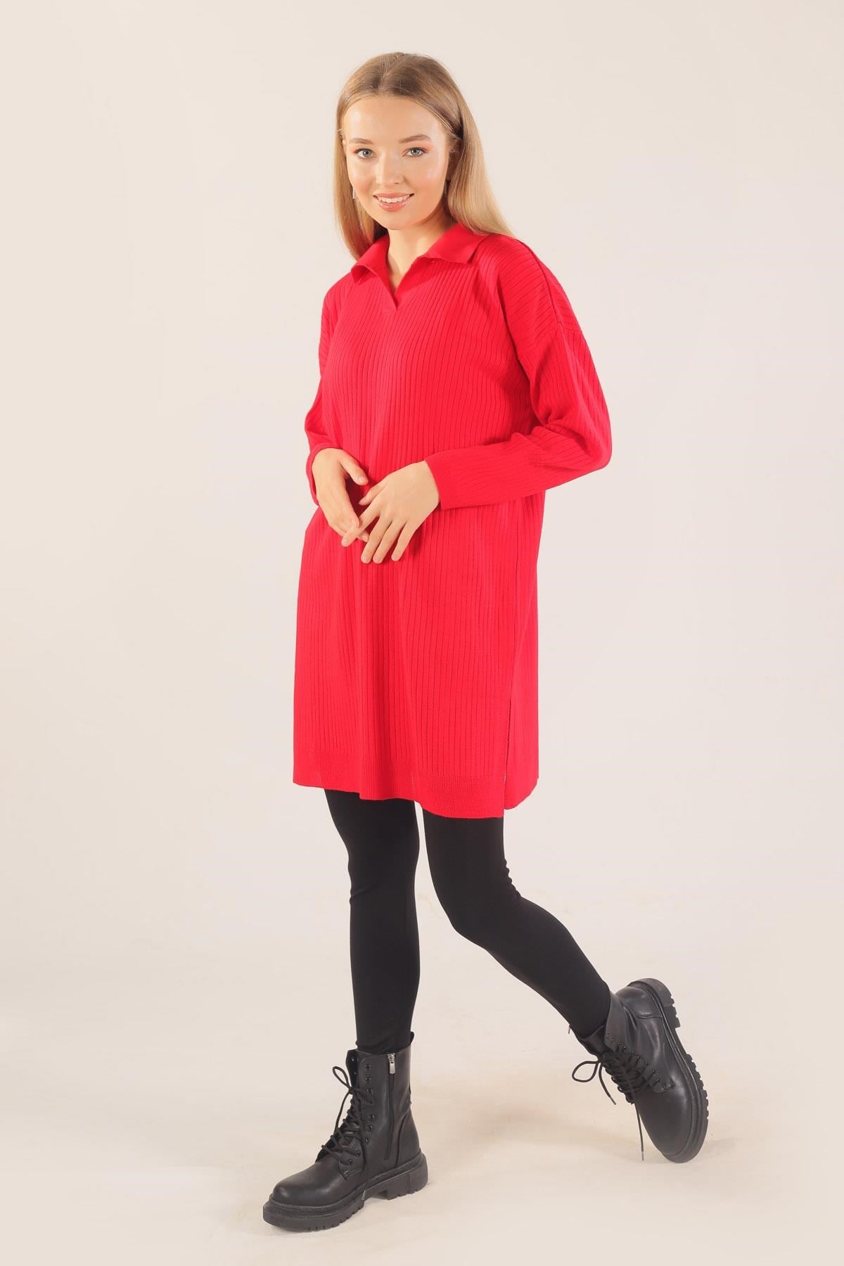 Kırmızı Polo Yaka Fitilli Kazak 23214