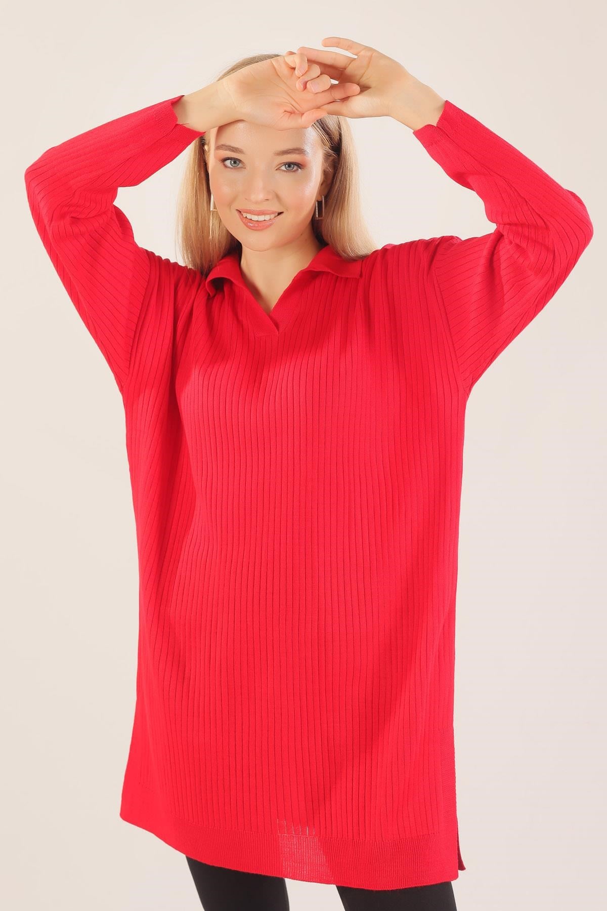 Kırmızı Polo Yaka Fitilli Kazak 23214