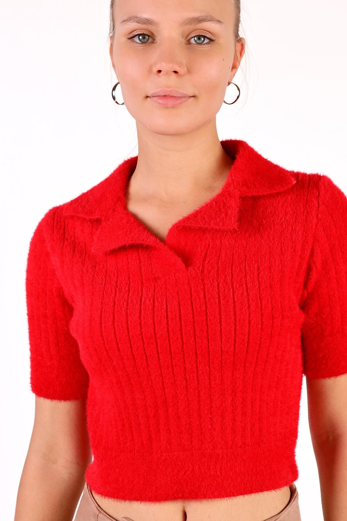 Kırmızı Polo Yaka Fitilli Kazak 24162