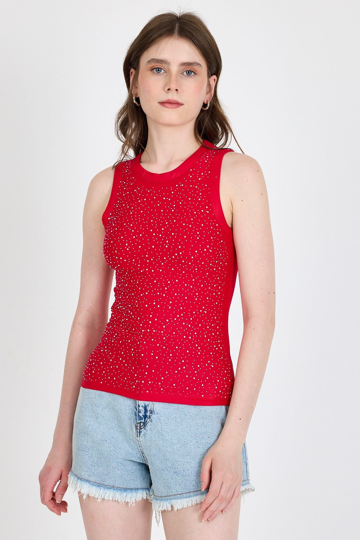 Kırmızı Taş İşleme Detaylı Halter Yaka Örme Atlet 0349