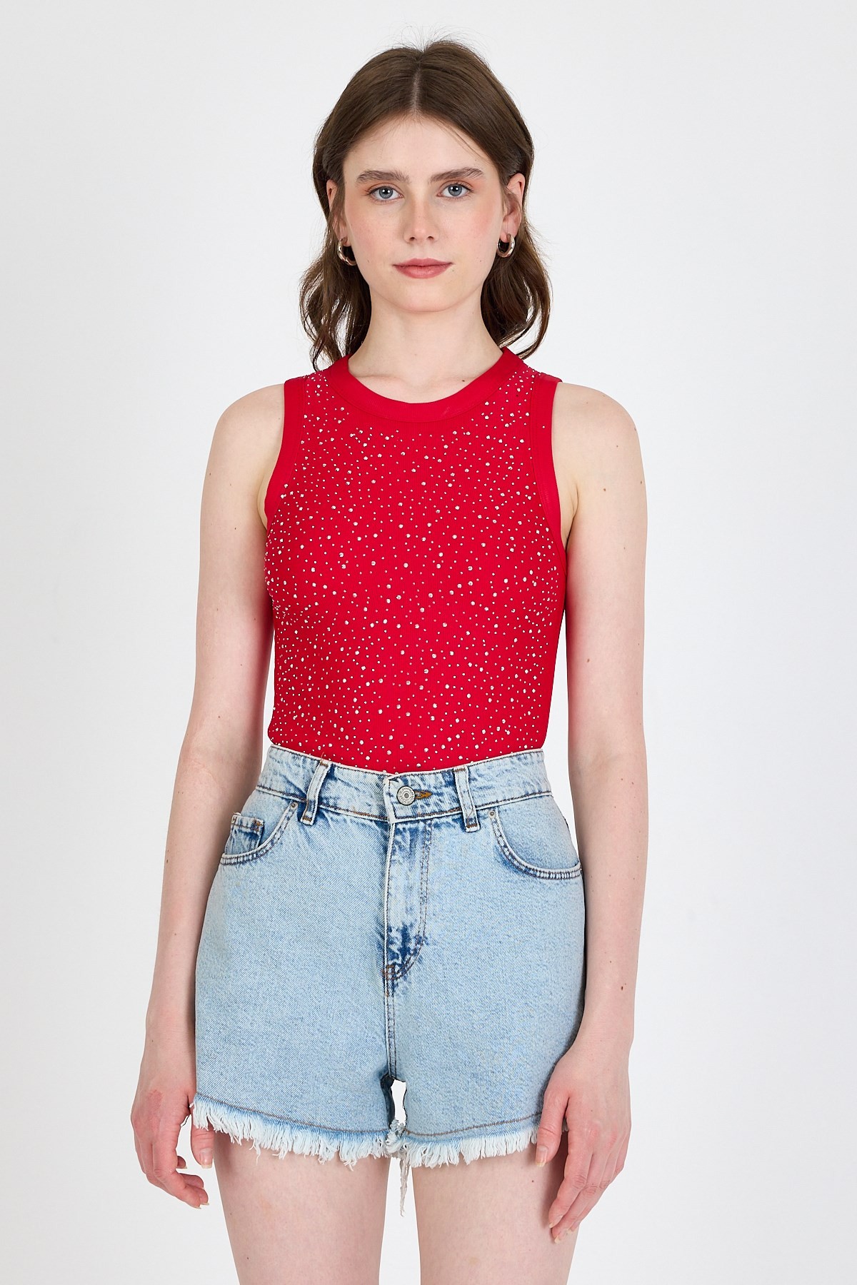 Kırmızı Taş İşleme Detaylı Halter Yaka Örme Atlet 0349