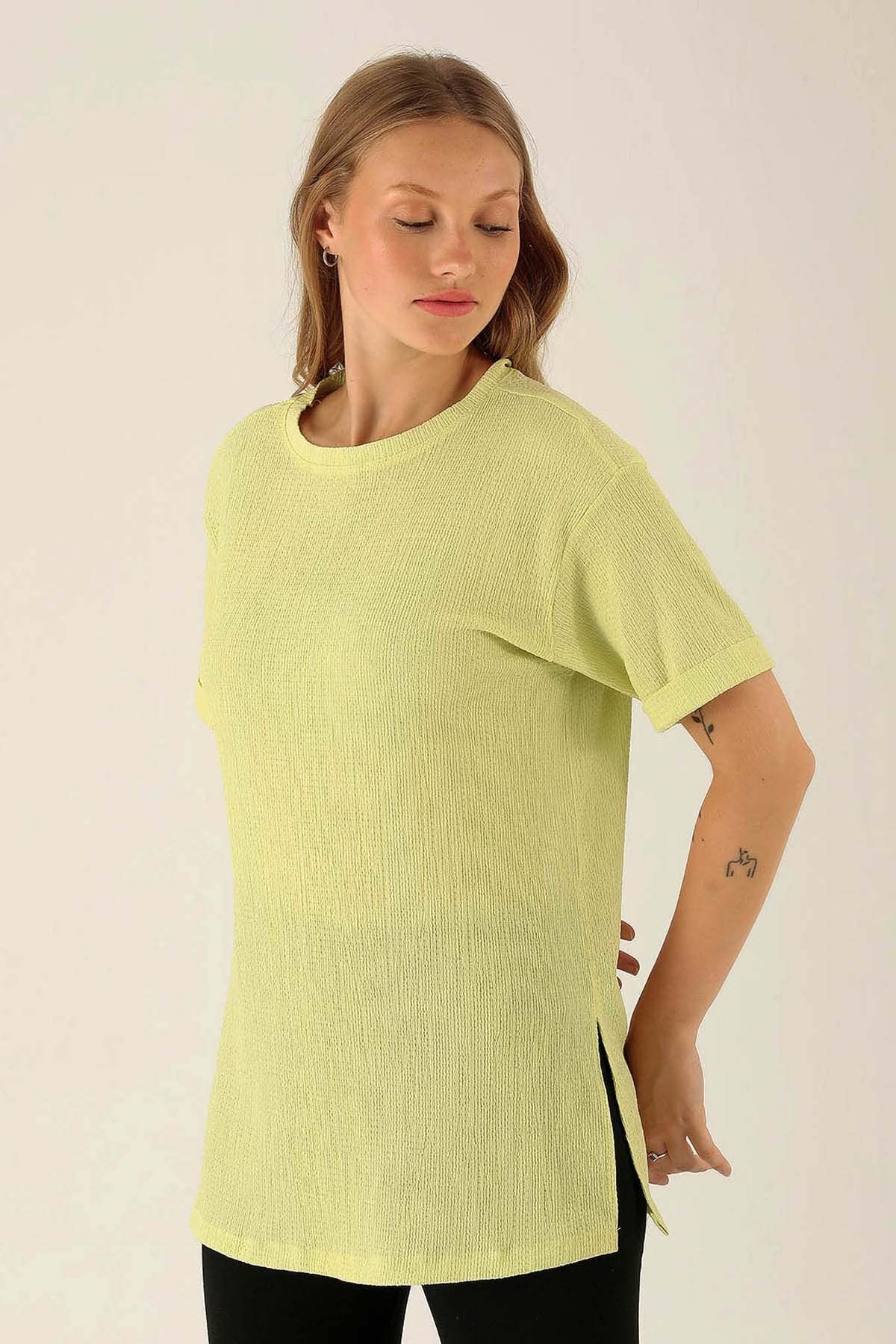 Kol Katlama Oversize Bayan Bluz - 6834A Fıstık Yeşili