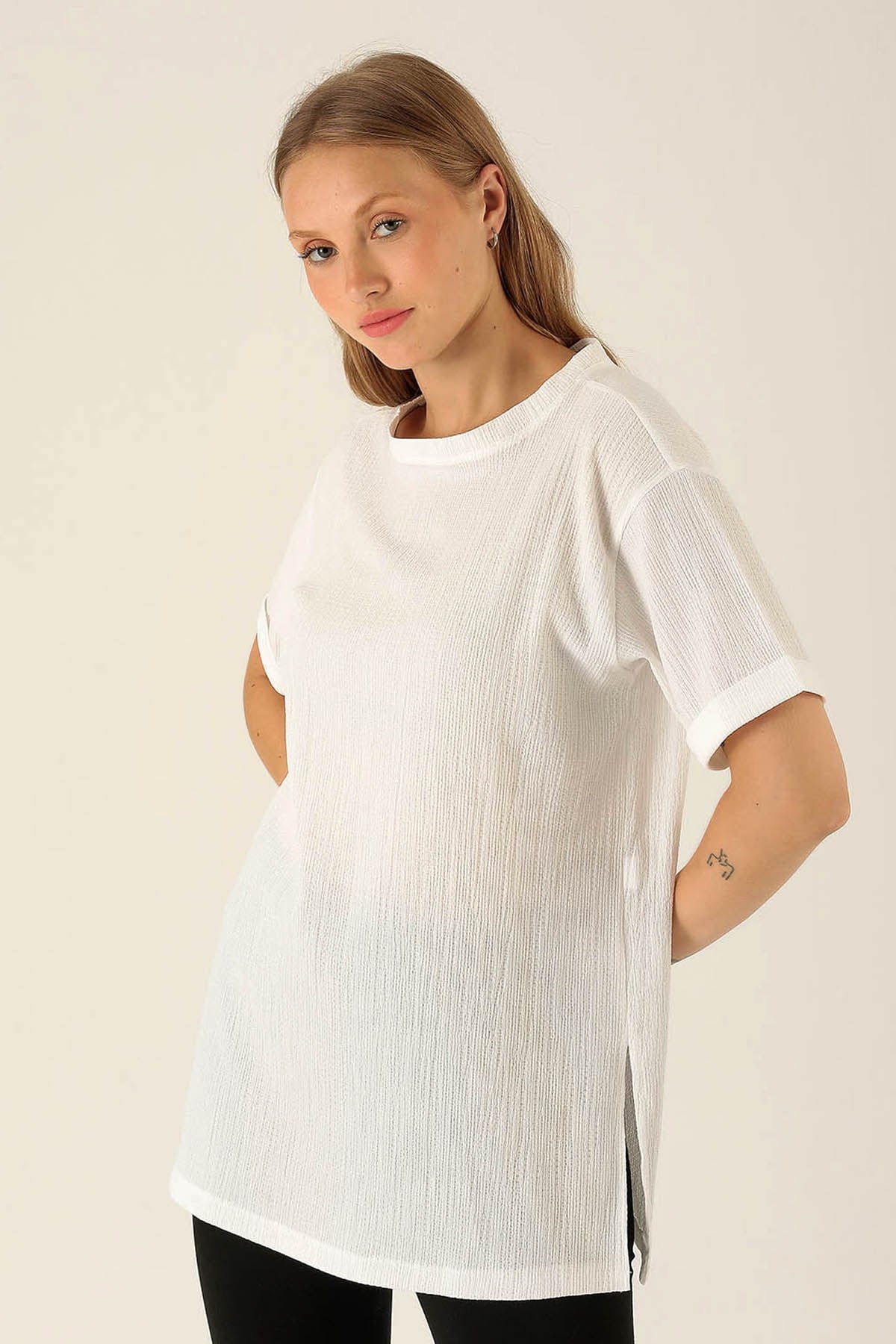 Kol Katlama Oversize Bayan Bluz - 6834A Beyaz