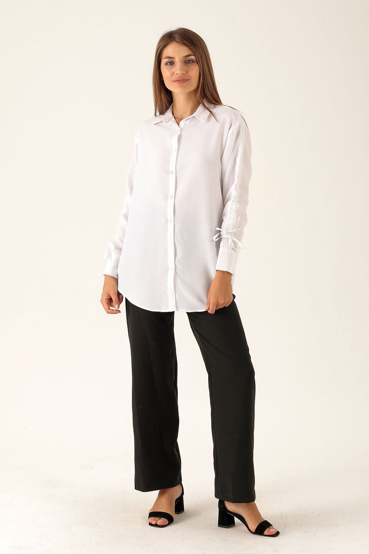 Kolları Büzgülü Bayan Gömlek - 6436A Beyaz
