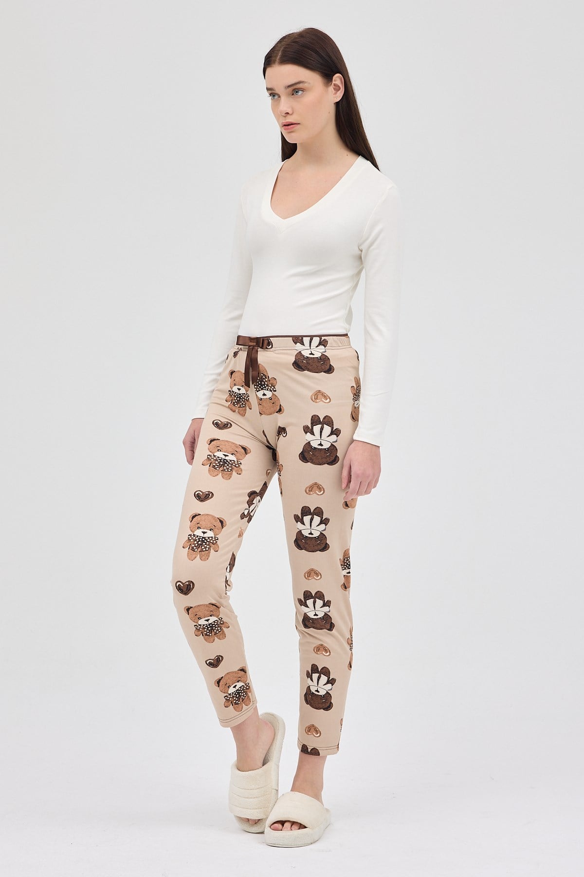 Koyu Bej Desenli Kadın Pijama 4535