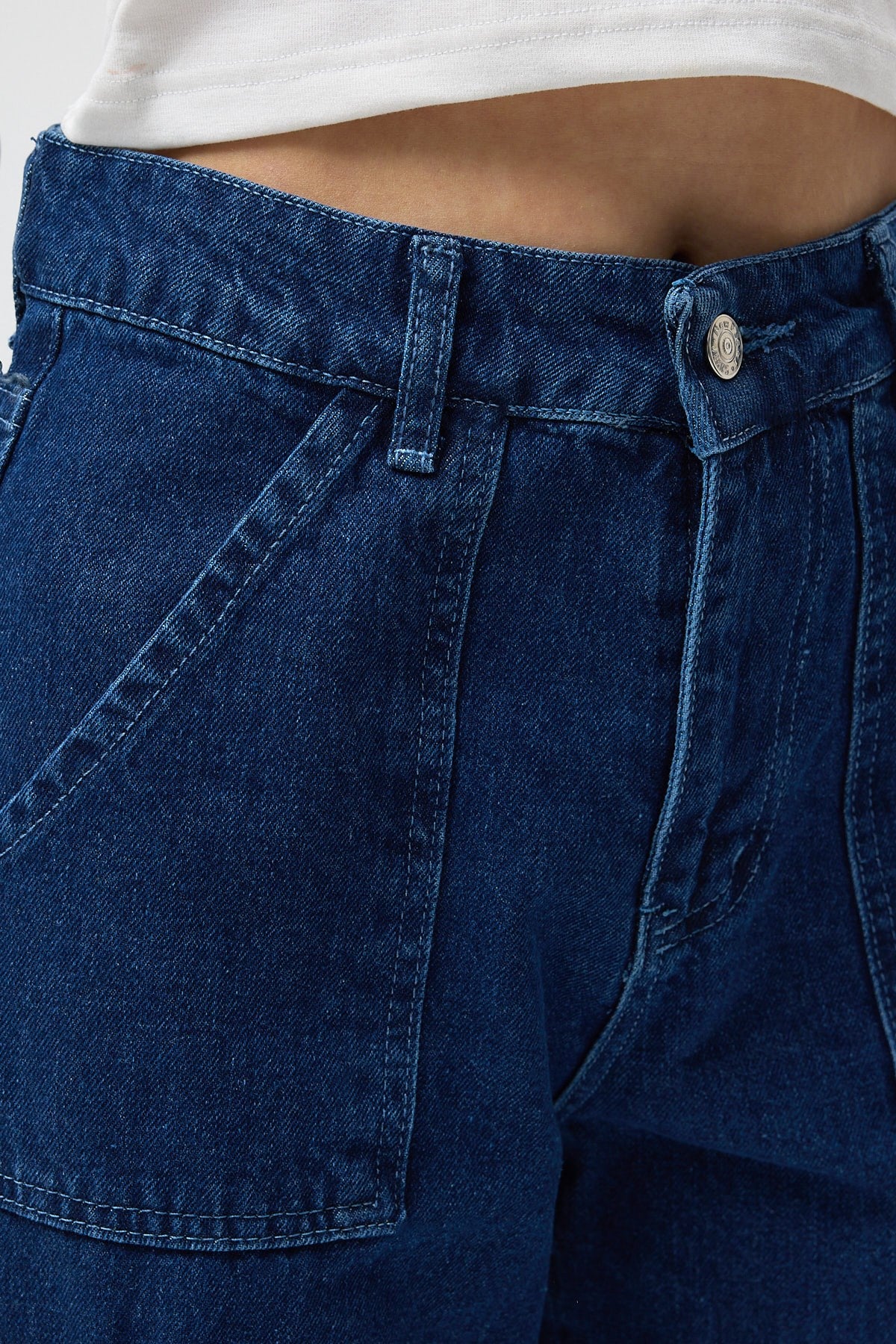Koyu Mavi Kadın Yüksek Bel Jean Kargo Pantolon 1053