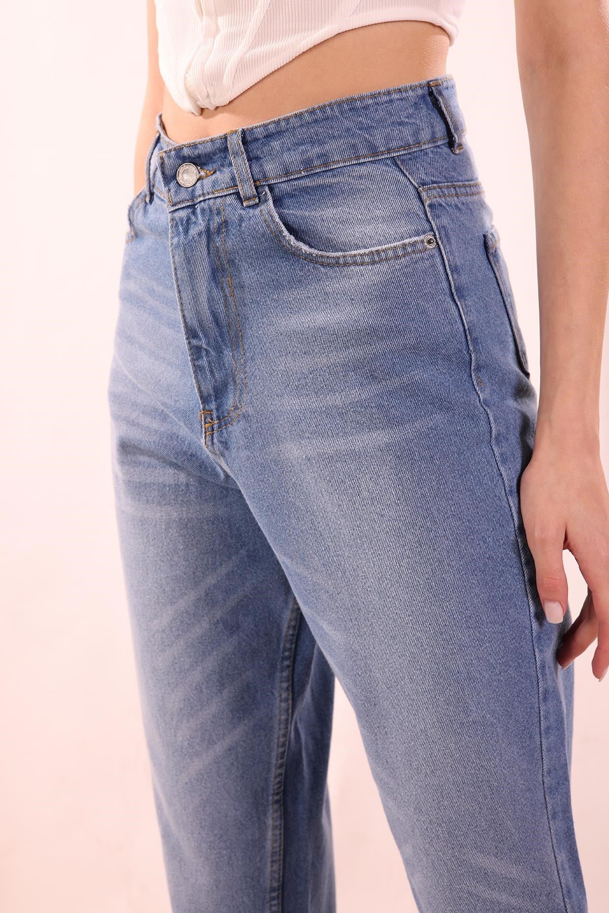 Koyu Mavi Paça Dikiş Detay Mom Jean 7077