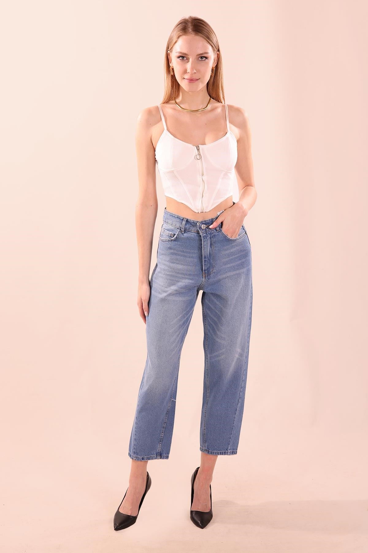 Koyu Mavi Paça Dikiş Detay Mom Jean 7077