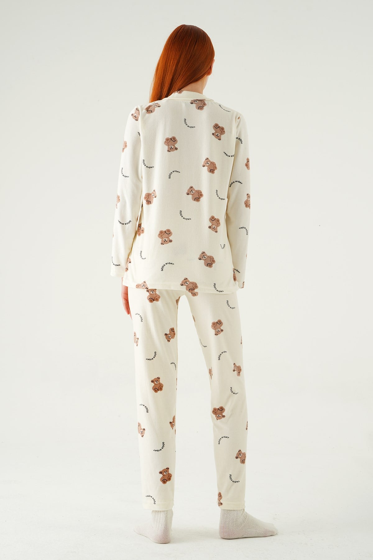 Krem Ayıcık Desen Düğmeli Pijama Takımı 3421