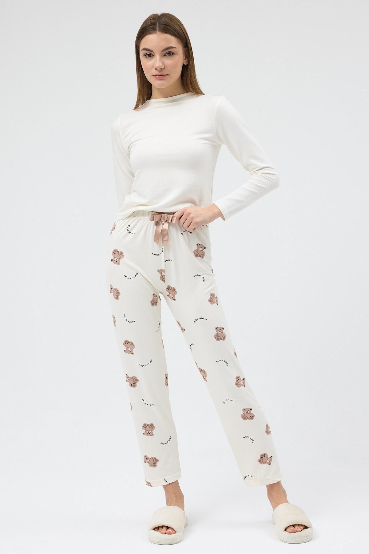 Krem Ayıcık Desenli Lastik Bel Kadın Pijama Altı 4534