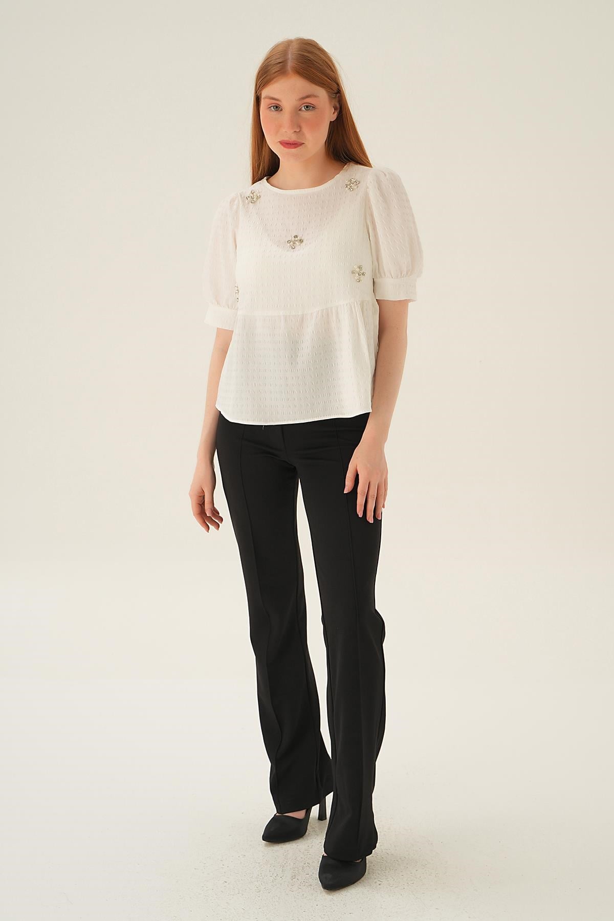 Krem Bisiklet Yaka Bluz 4106