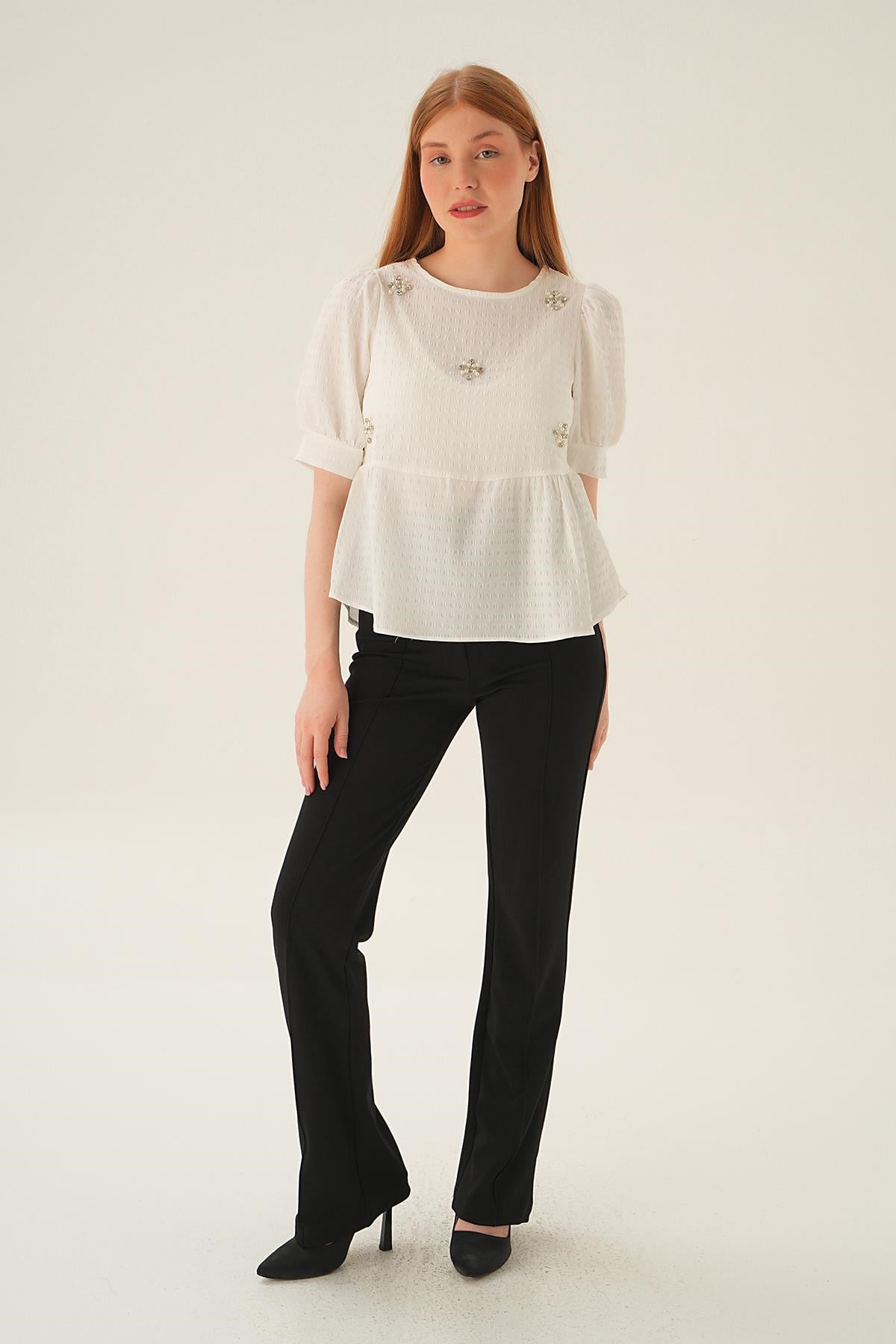 Krem Bisiklet Yaka Bluz 4106