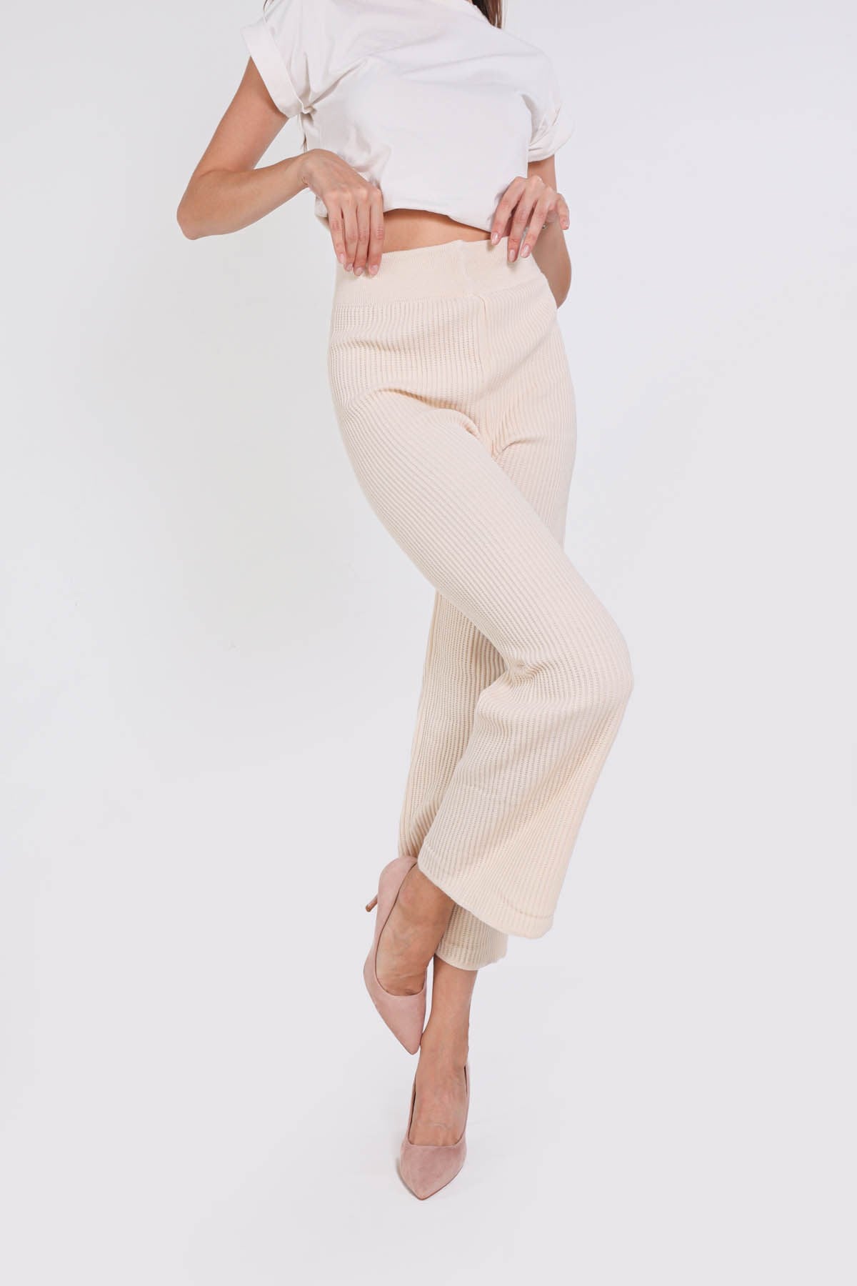 Krem Geniş Paça Triko Pantolon 3028