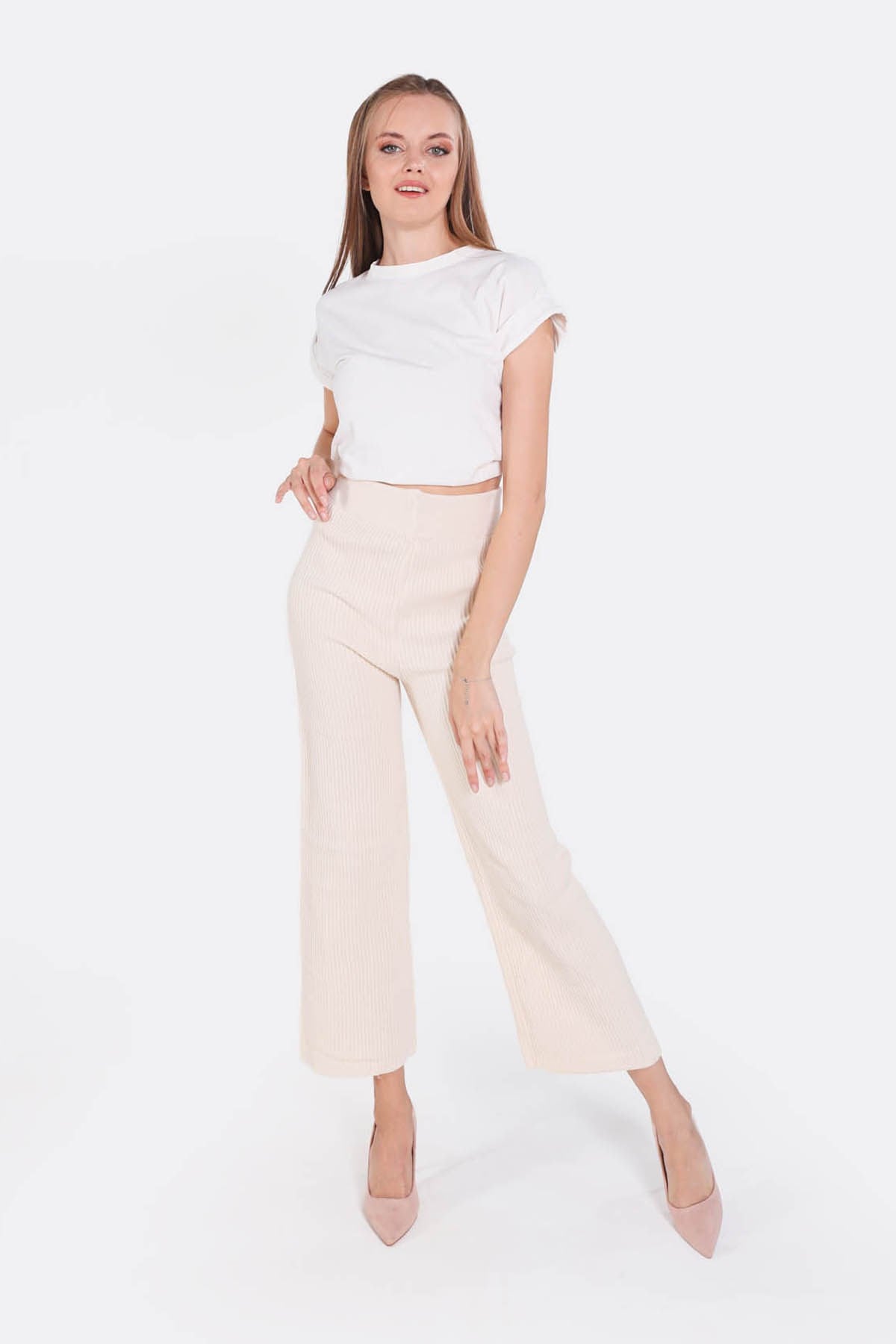 Krem Geniş Paça Triko Pantolon 3028