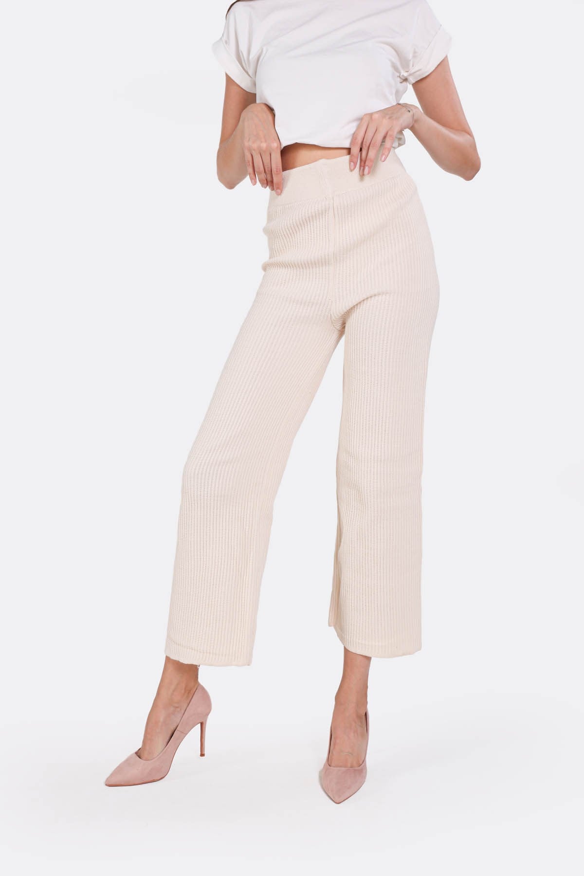 Krem Geniş Paça Triko Pantolon 3028