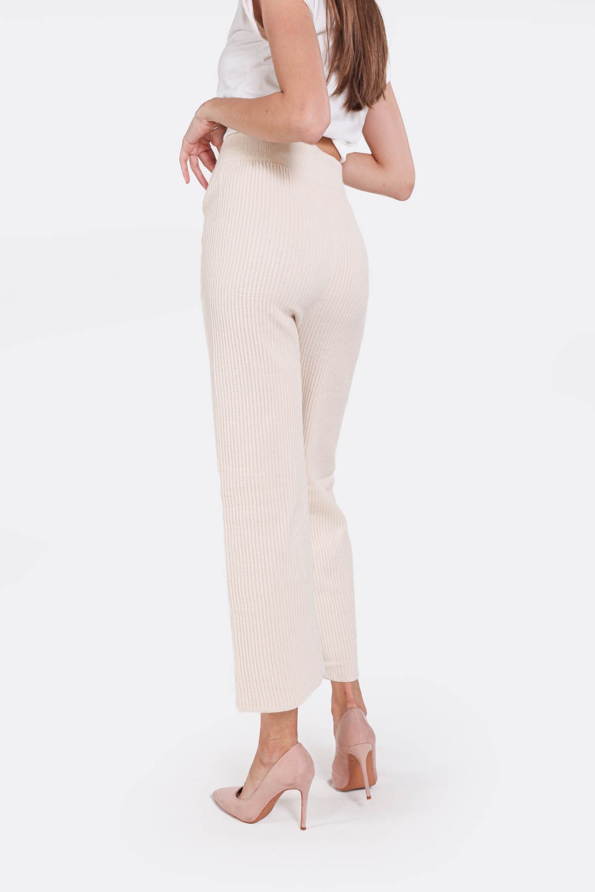 Krem Geniş Paça Triko Pantolon 3028