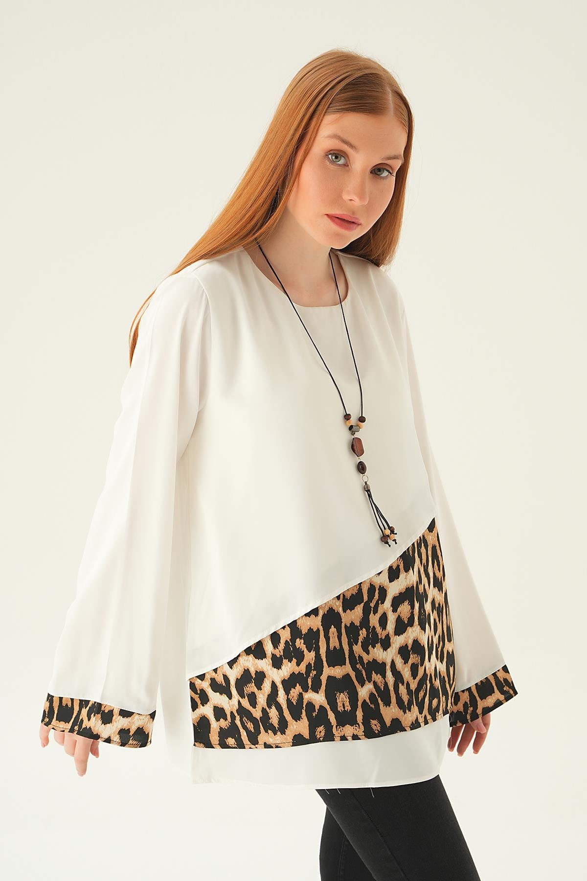 Krem Leopar Detay Bluz 25548