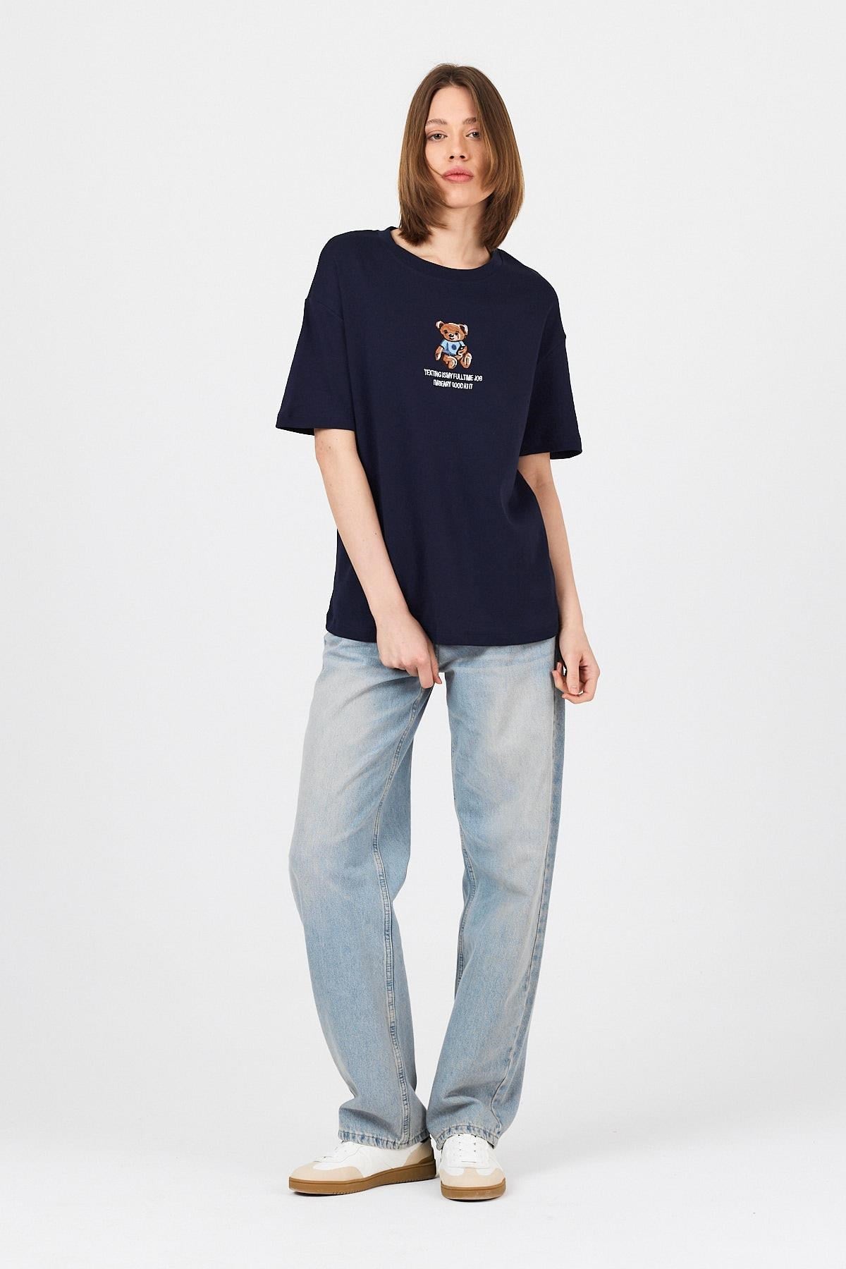 Laci Ayı Baskılı Yazılı Oversize Tişört 5632