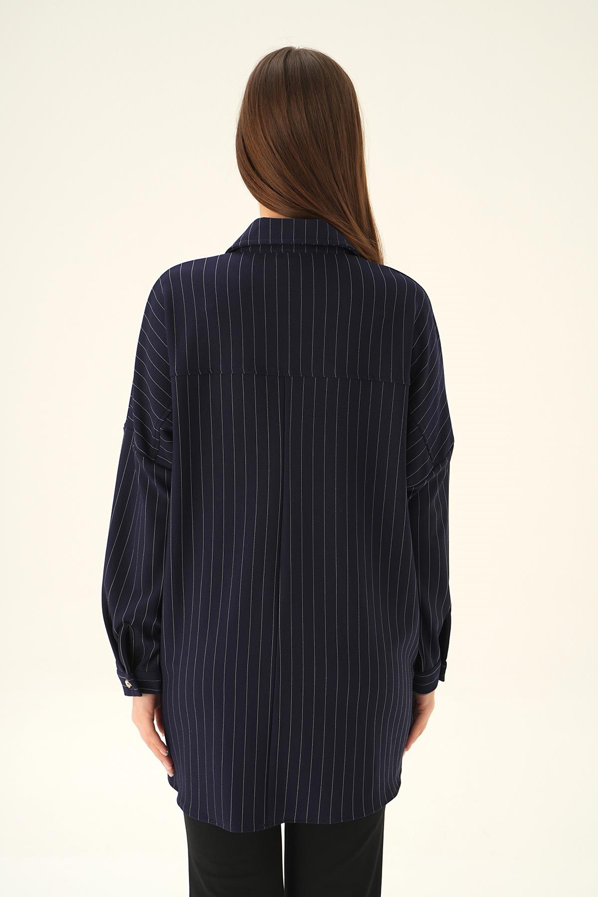 Laci Çift Cep Oversize Çizgili Gömlek 4036A