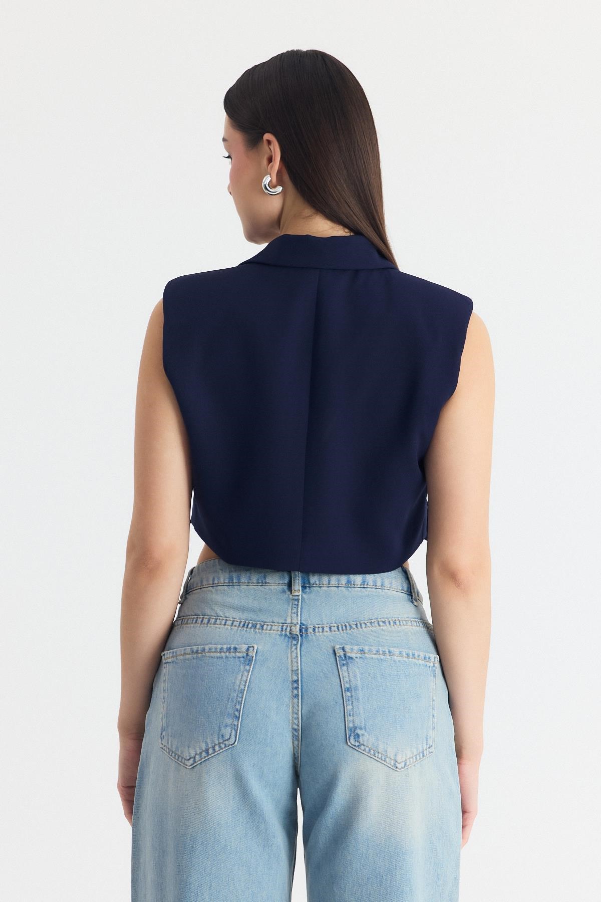 Laci Crop Vatkalı Tek Düğme Cep Detay Yelek 6929