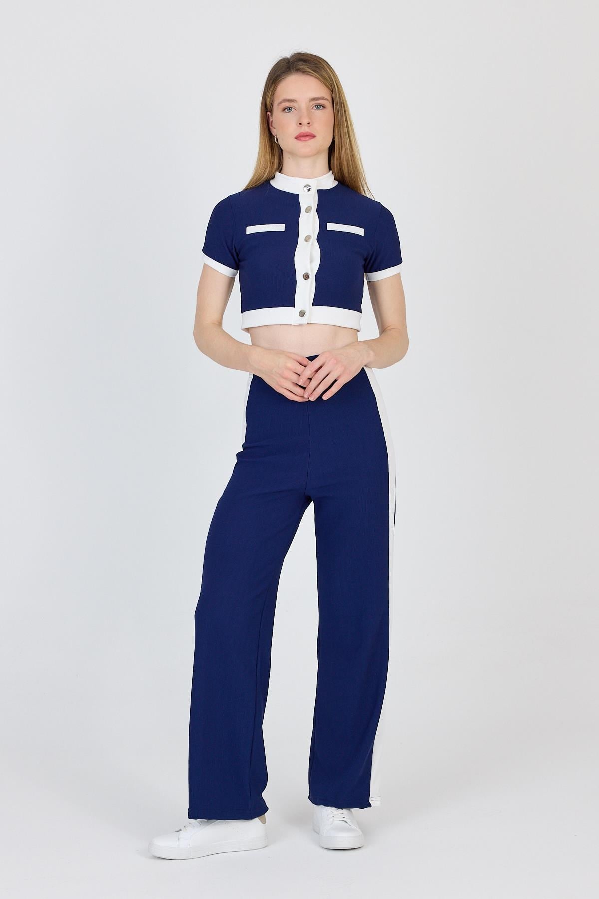 Laci Düğmeli Crop Bluz & Şeritli Palazzo Pantolon Takım 2214
