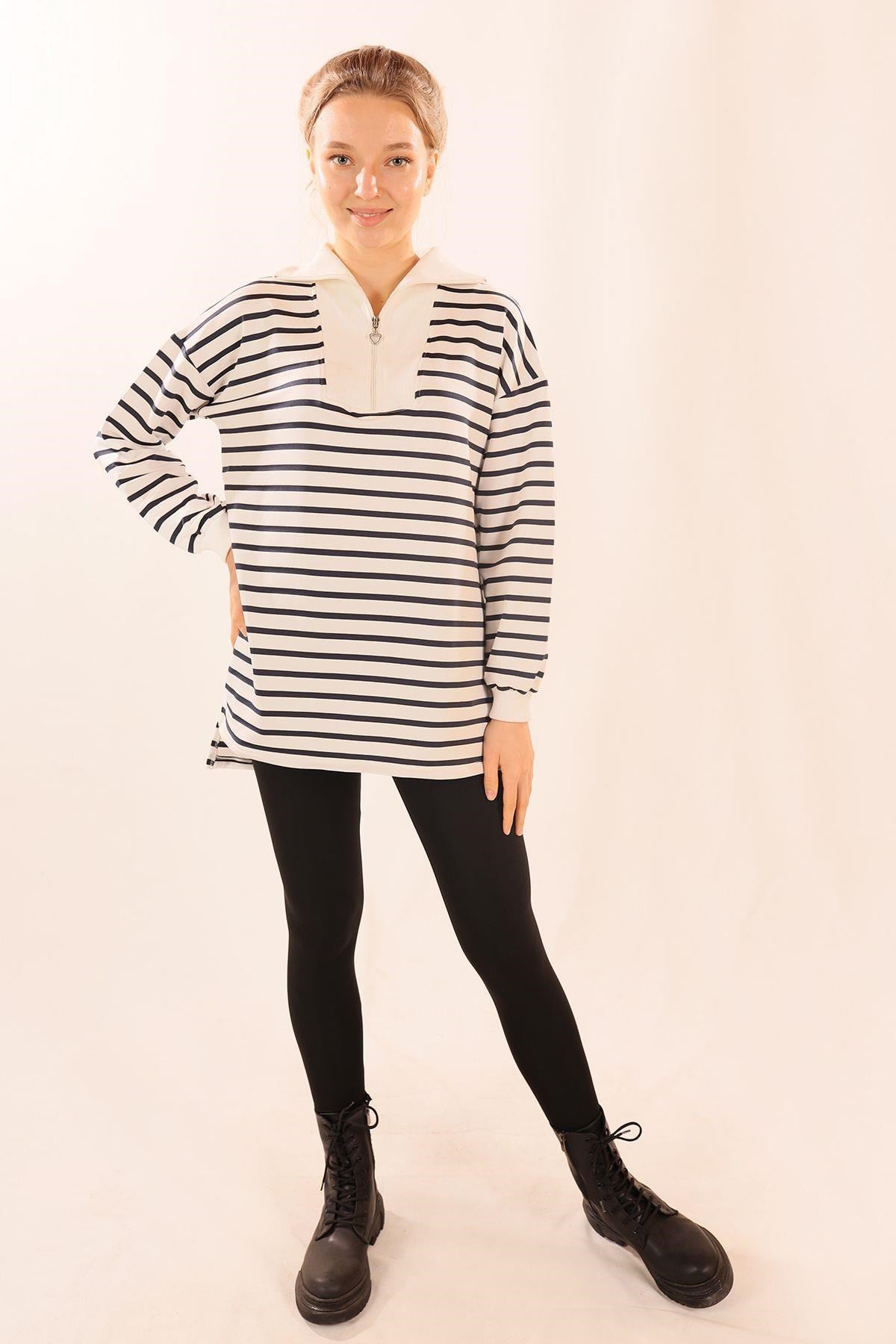 Laci Fermuarlı Çizgili Sweat 6861