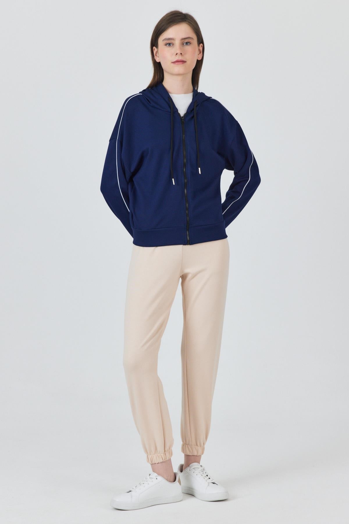 Laci Fermuarlı Kapüşonlu Şerit Detaylı Sweatshirt 3045