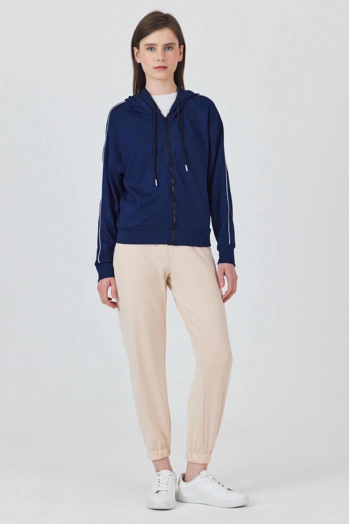 Laci Fermuarlı Kapüşonlu Şerit Detaylı Sweatshirt 3045