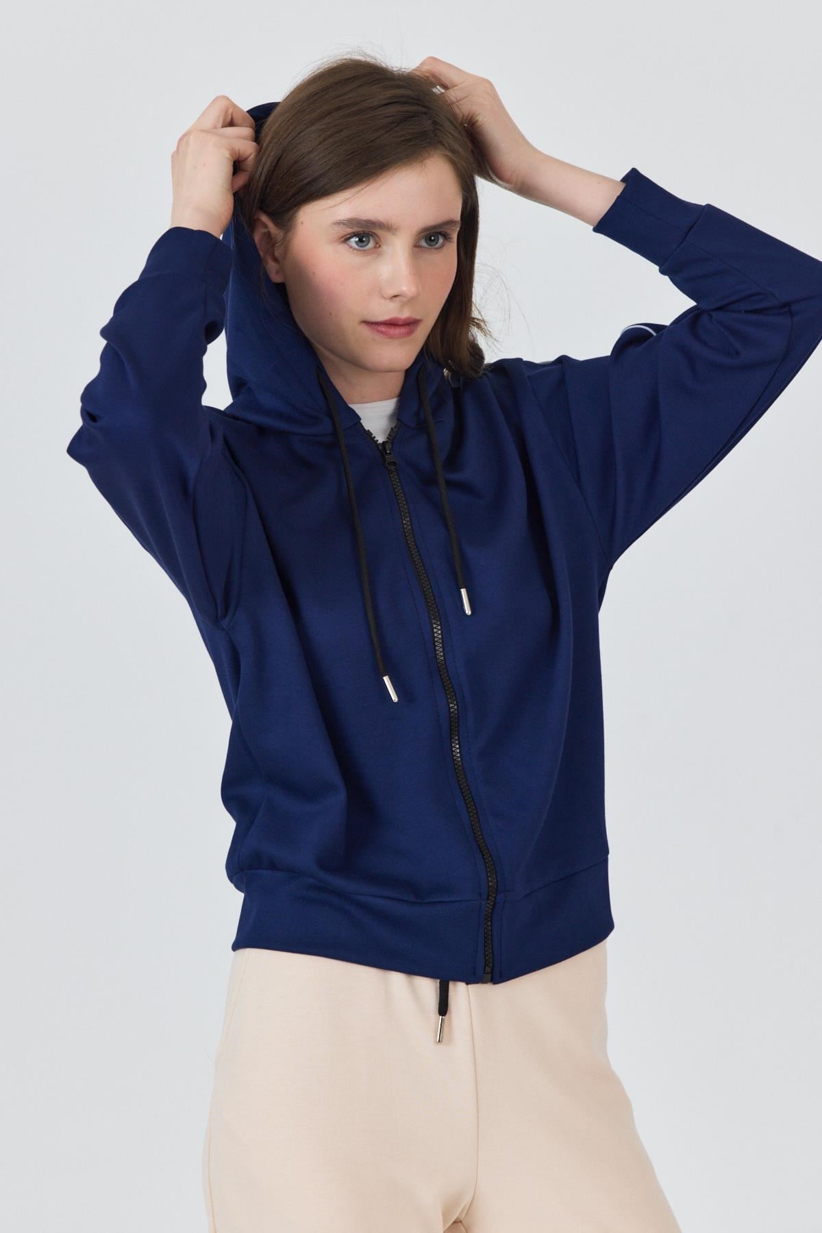 Laci Fermuarlı Kapüşonlu Şerit Detaylı Sweatshirt 3045