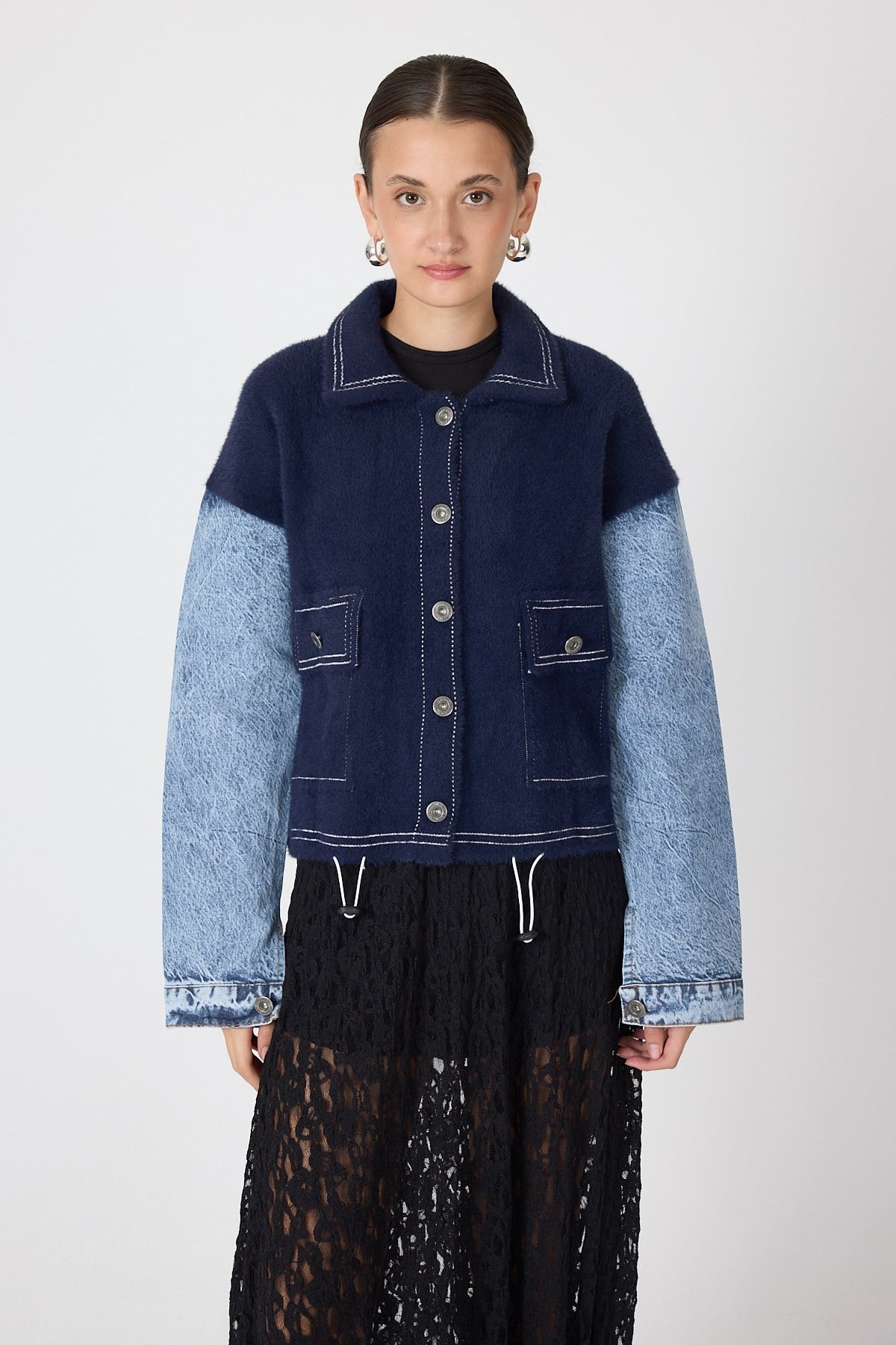 Laci Peluş Görünümlü Denim Kollu Kadın Ceket 2225