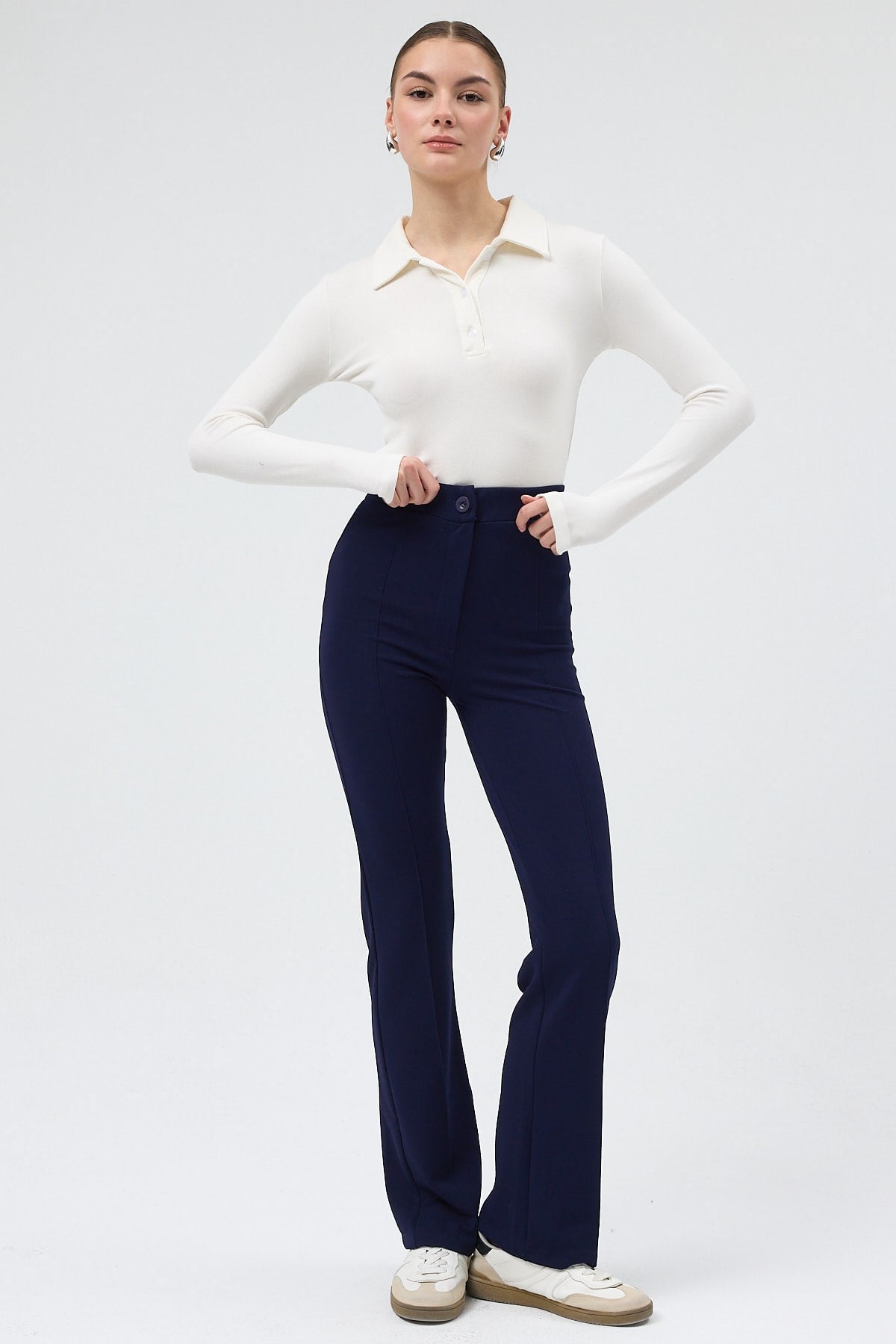 Laci Straight/Düz Kesim Yüksek Bel Nervür Dikişli Örme Pantolon TCR-6873A
