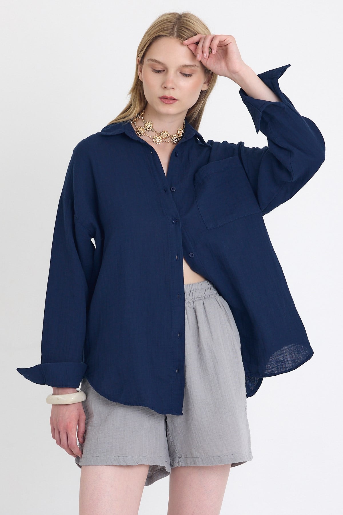 Laci Tek Cepli %100 Pamuk Oversize Müslin Gömlek 4697A