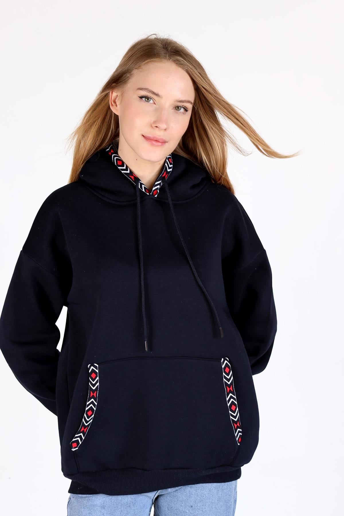 Laci Yaka Cep Nakışlı Kapüşonlu Sweat 9141M