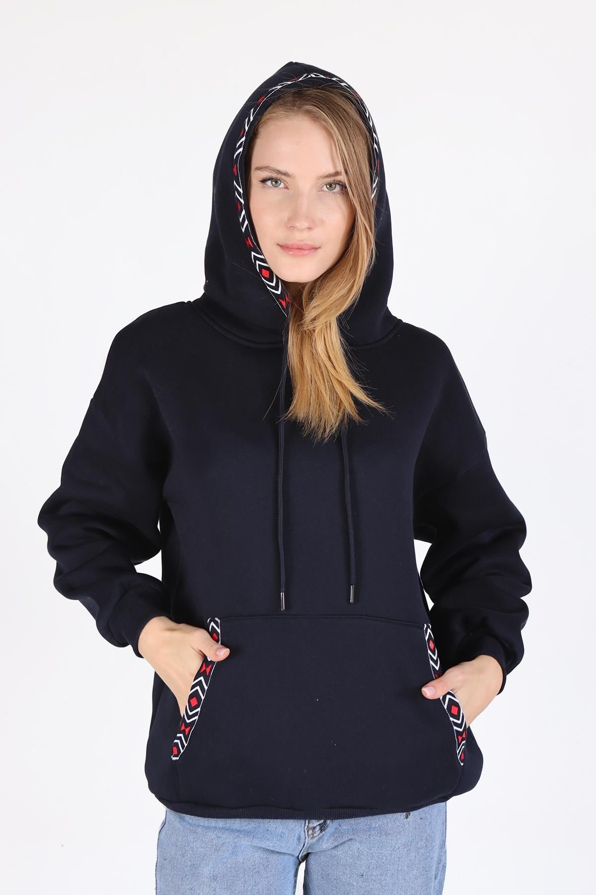 Laci Yaka Cep Nakışlı Kapüşonlu Sweat 9141M