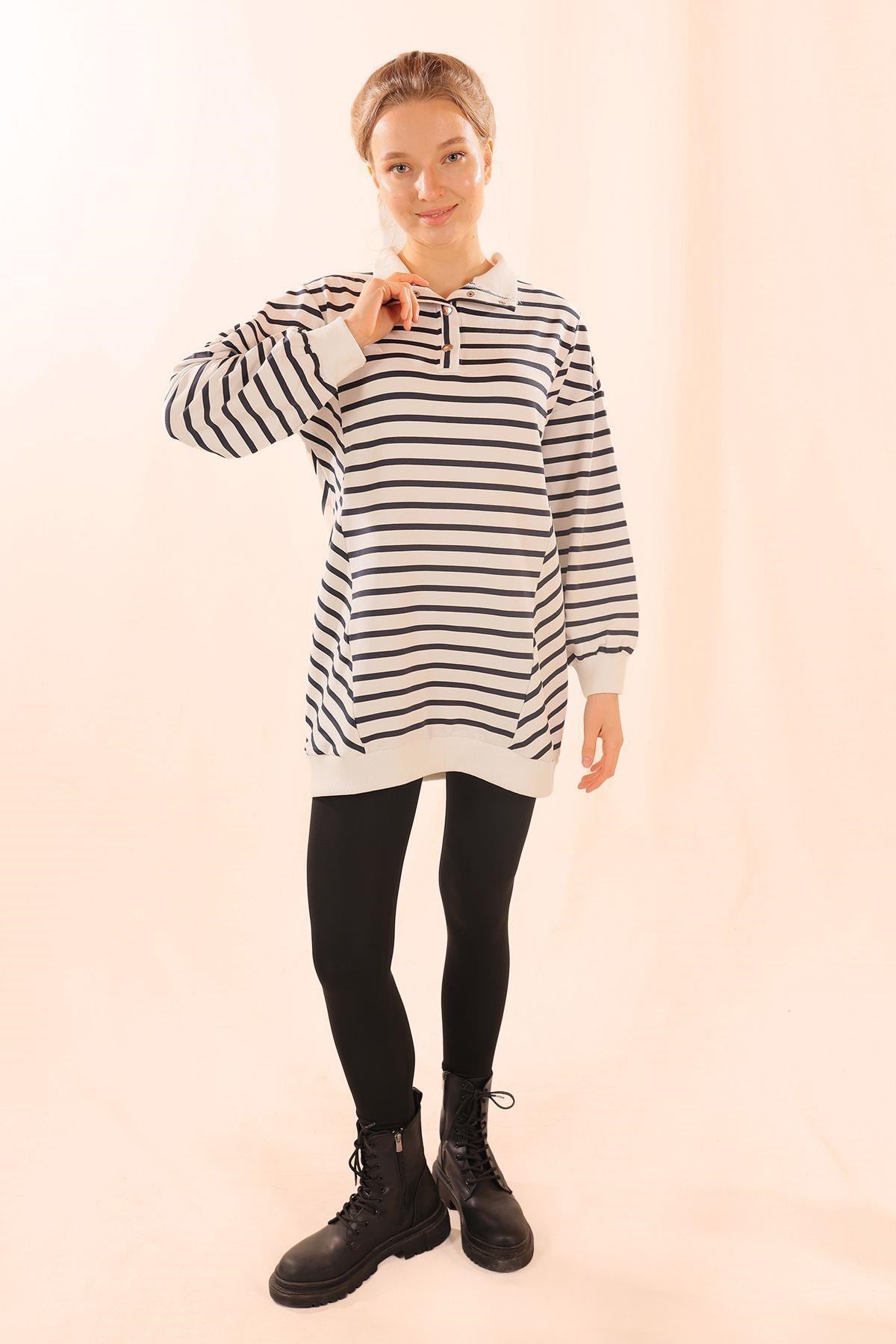 Laci Yaka Çıtçıtlı Çizgili Sweat 6868