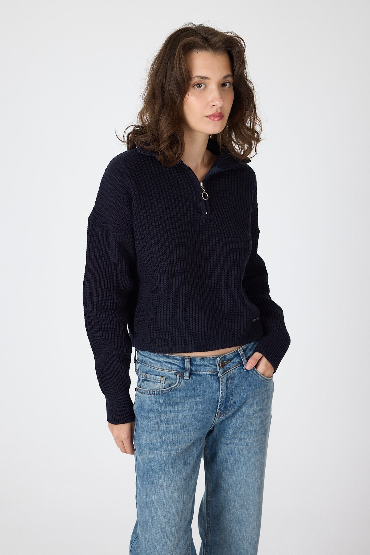 Laci Yarım Fermuarlı Crop Triko Kadın Kazak 7135