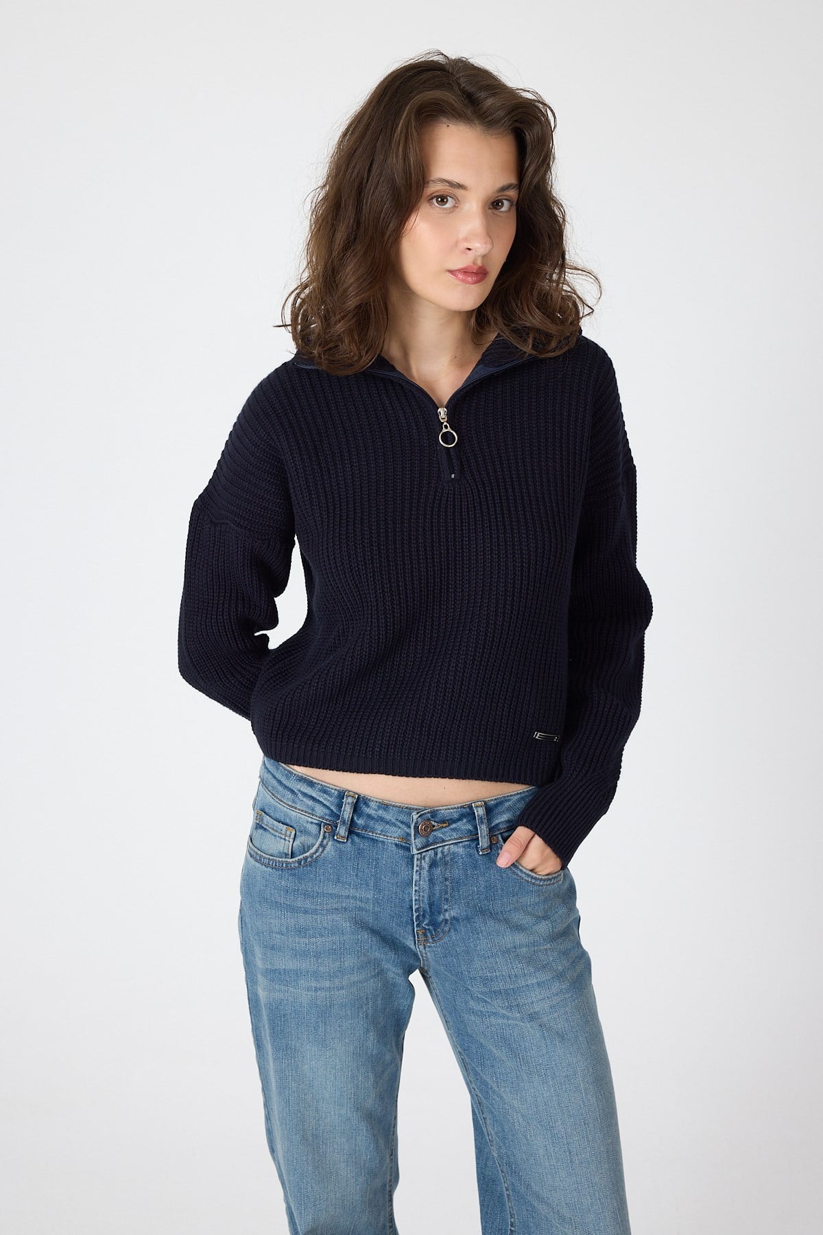 Laci Yarım Fermuarlı Crop Triko Kadın Kazak 7135