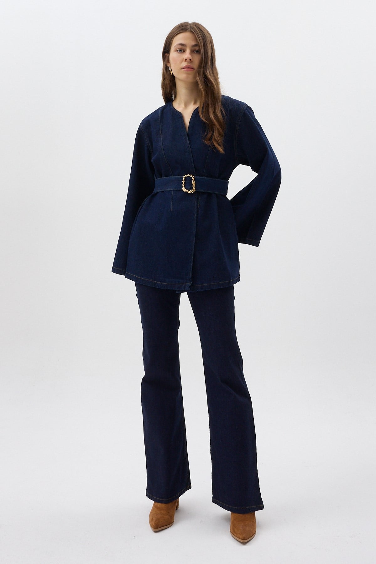 Lacivert Kemerli Jean Kadın Ceket 0083