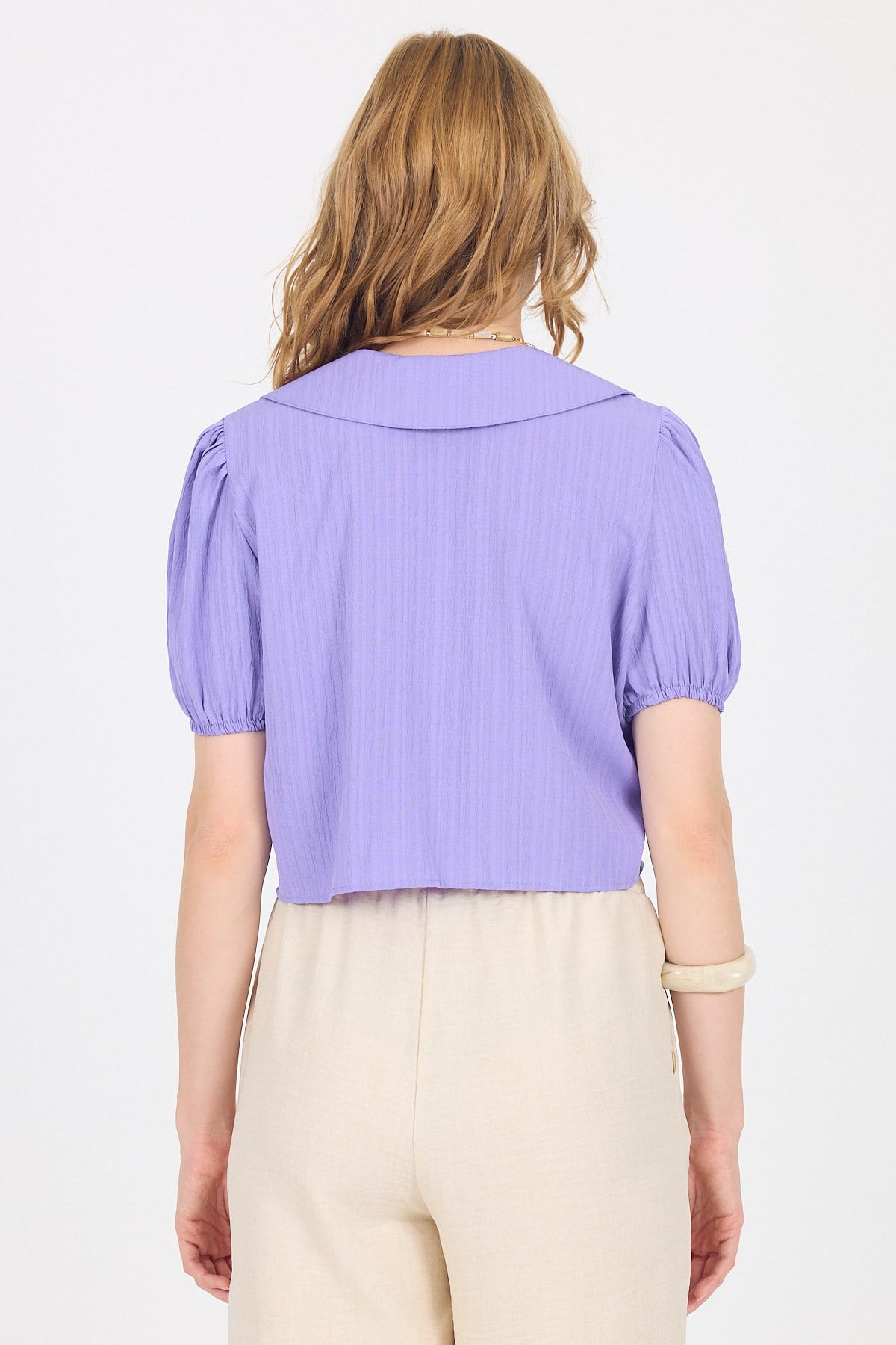 Lila Bağlama Detaylı Bebe Yaka Crop Bluz 8064