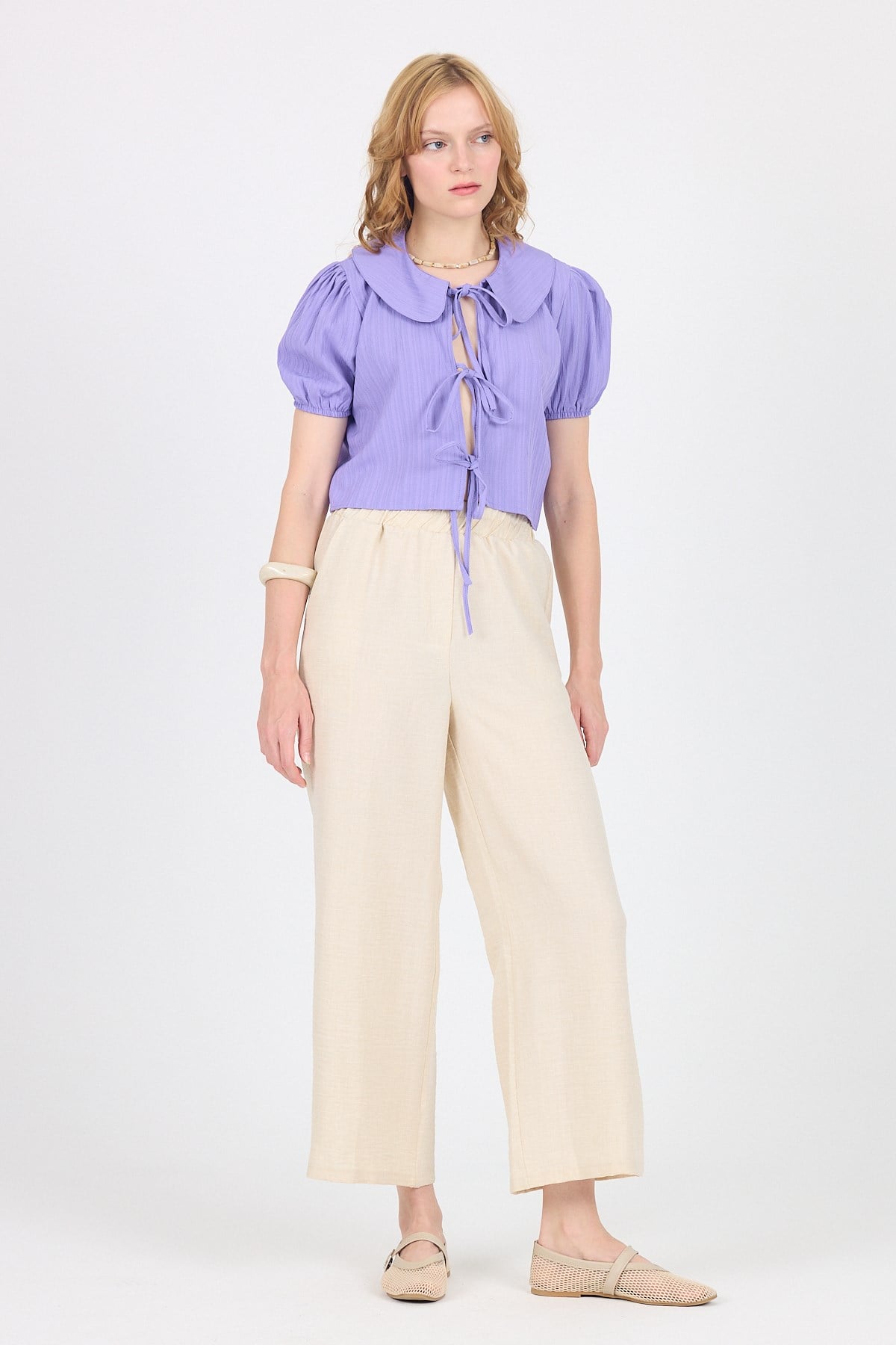 Lila Bağlama Detaylı Bebe Yaka Crop Bluz 8064