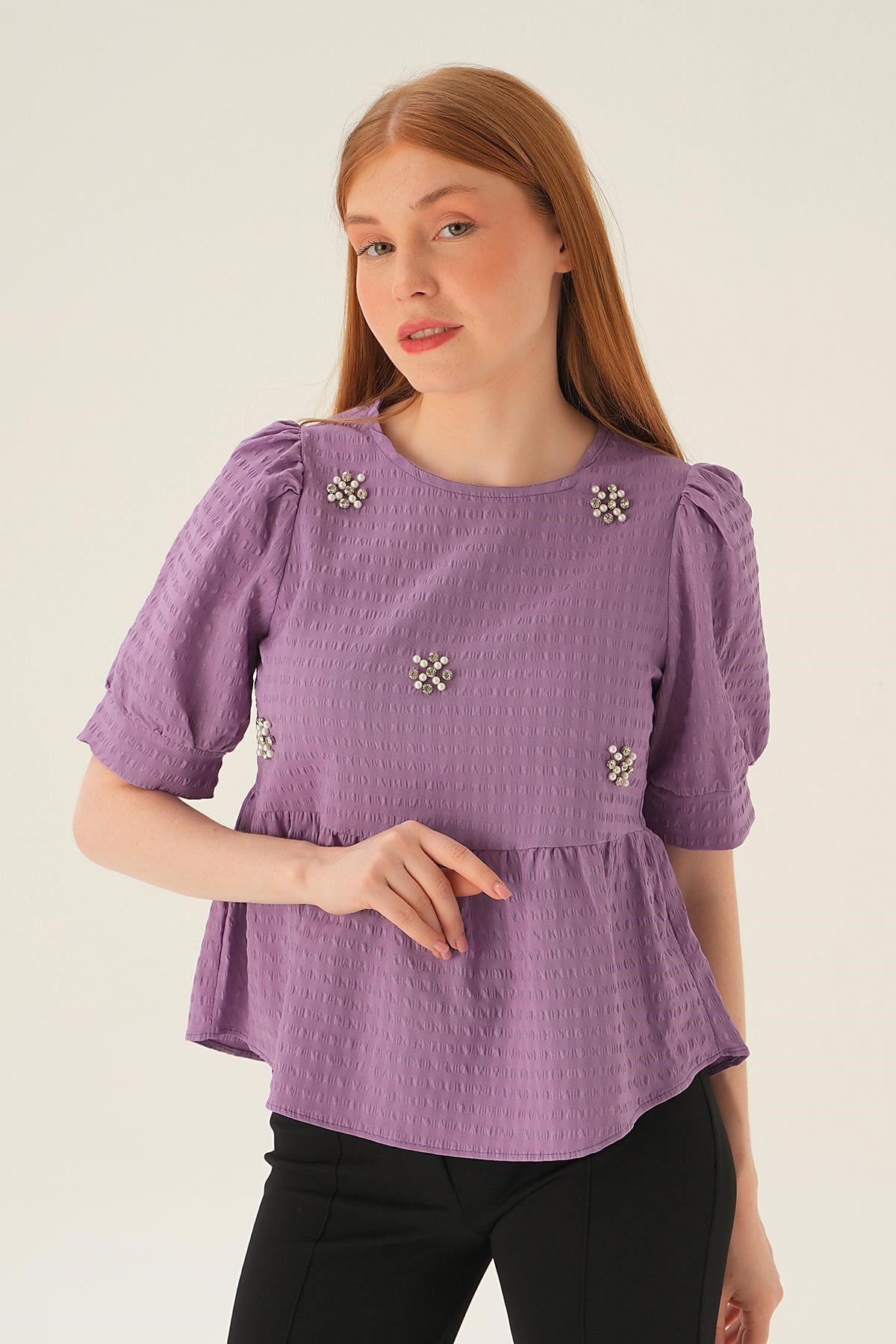 Lila Bisiklet Yaka Bluz 4106