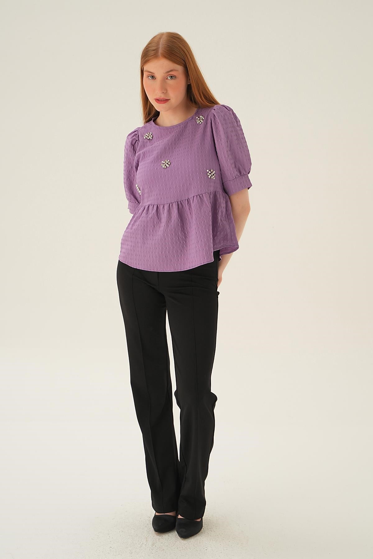 Lila Bisiklet Yaka Bluz 4106