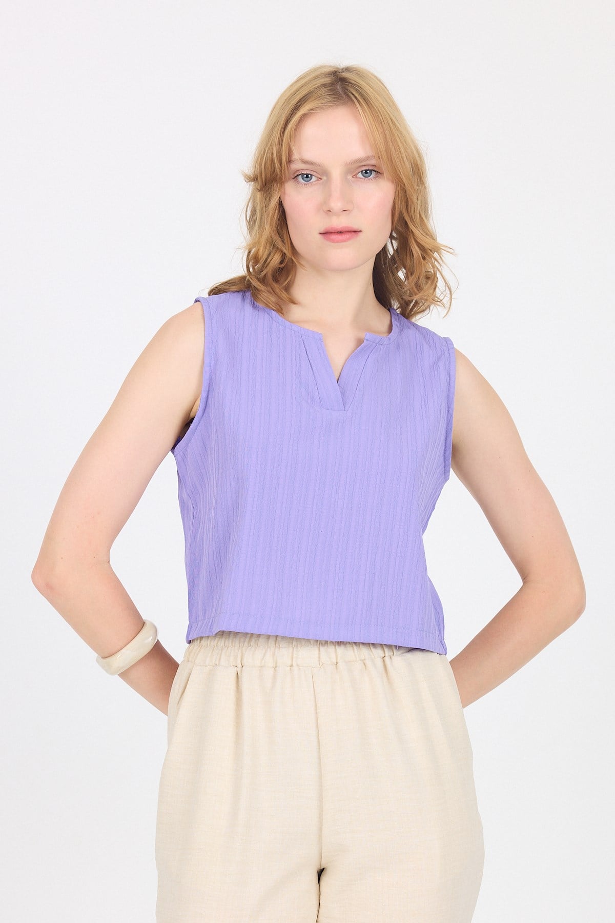 Lila V Yaka Kolsuz Crop Bluz 8027